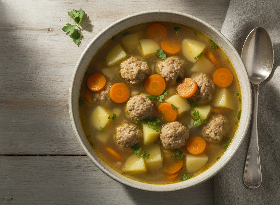 Kartoffelsuppe mit Fleischklößchen und Karotten photo