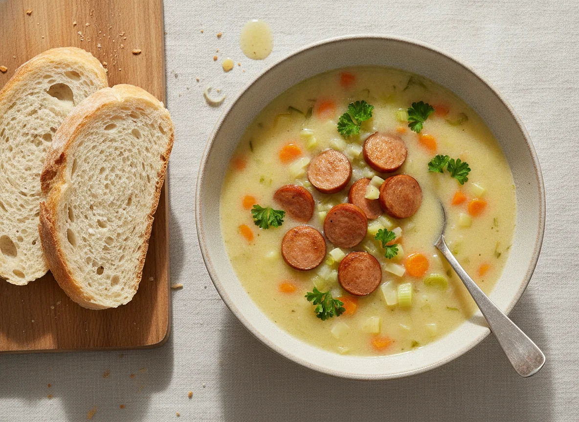 Kartoffelsuppe mit Wiener Würstchen und Brot photo