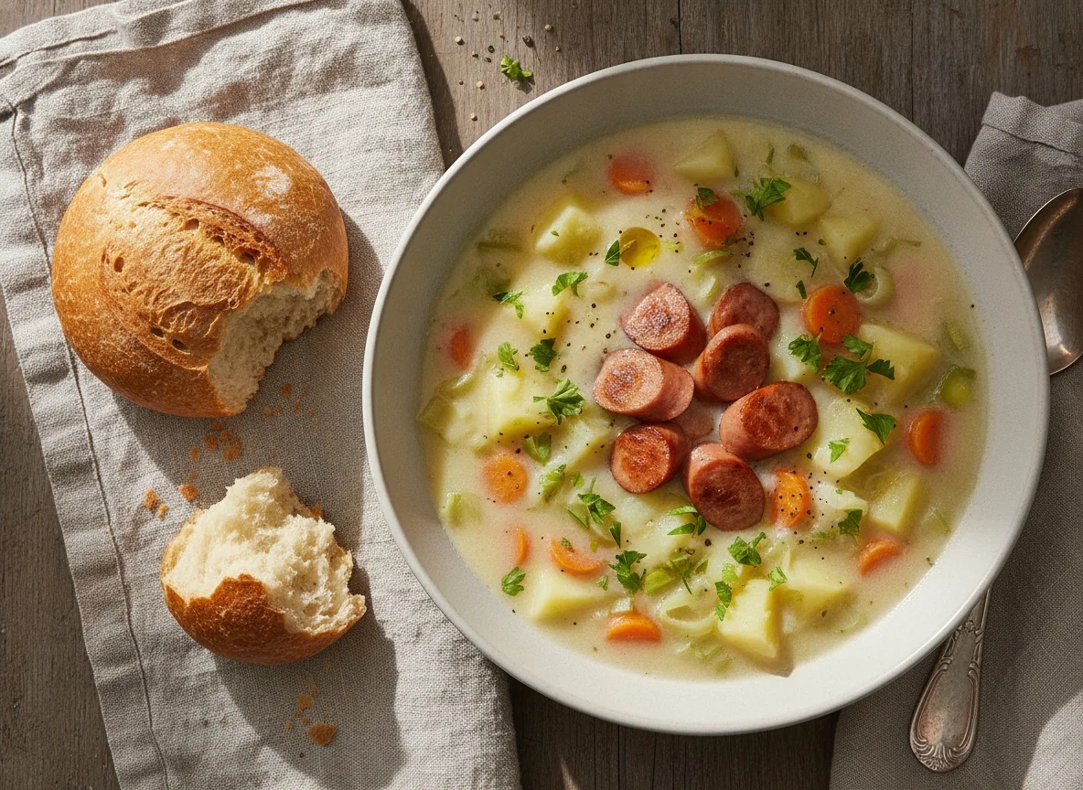 Kartoffelsuppe mit Wiener Würstchen und Brötchen photo