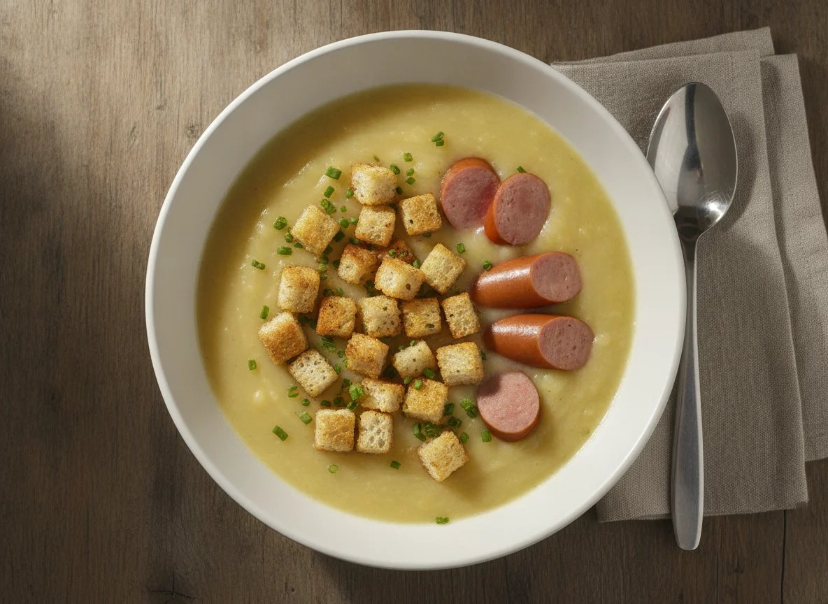 Kartoffelsuppe mit Wiener Würstchen und Croutons photo