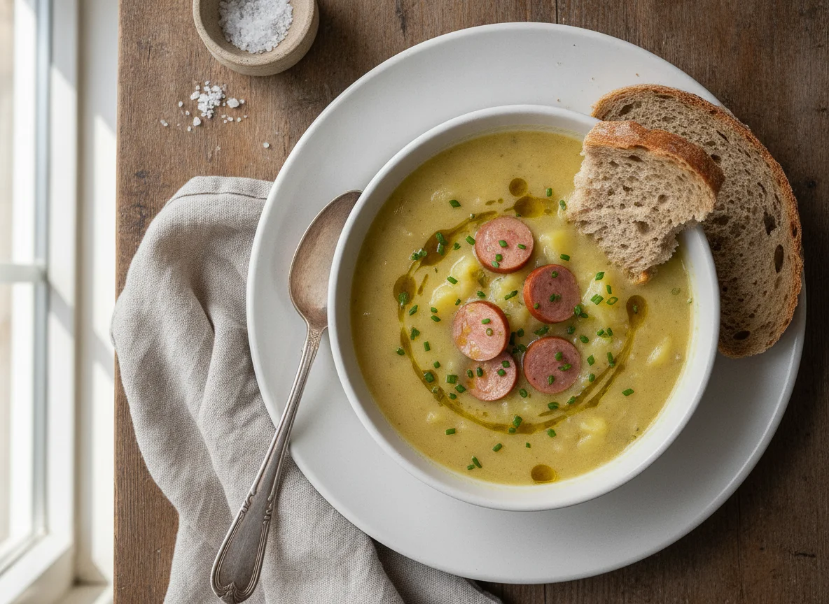 Kartoffelsuppe mit Wiener Würstchen und Graubrot photo