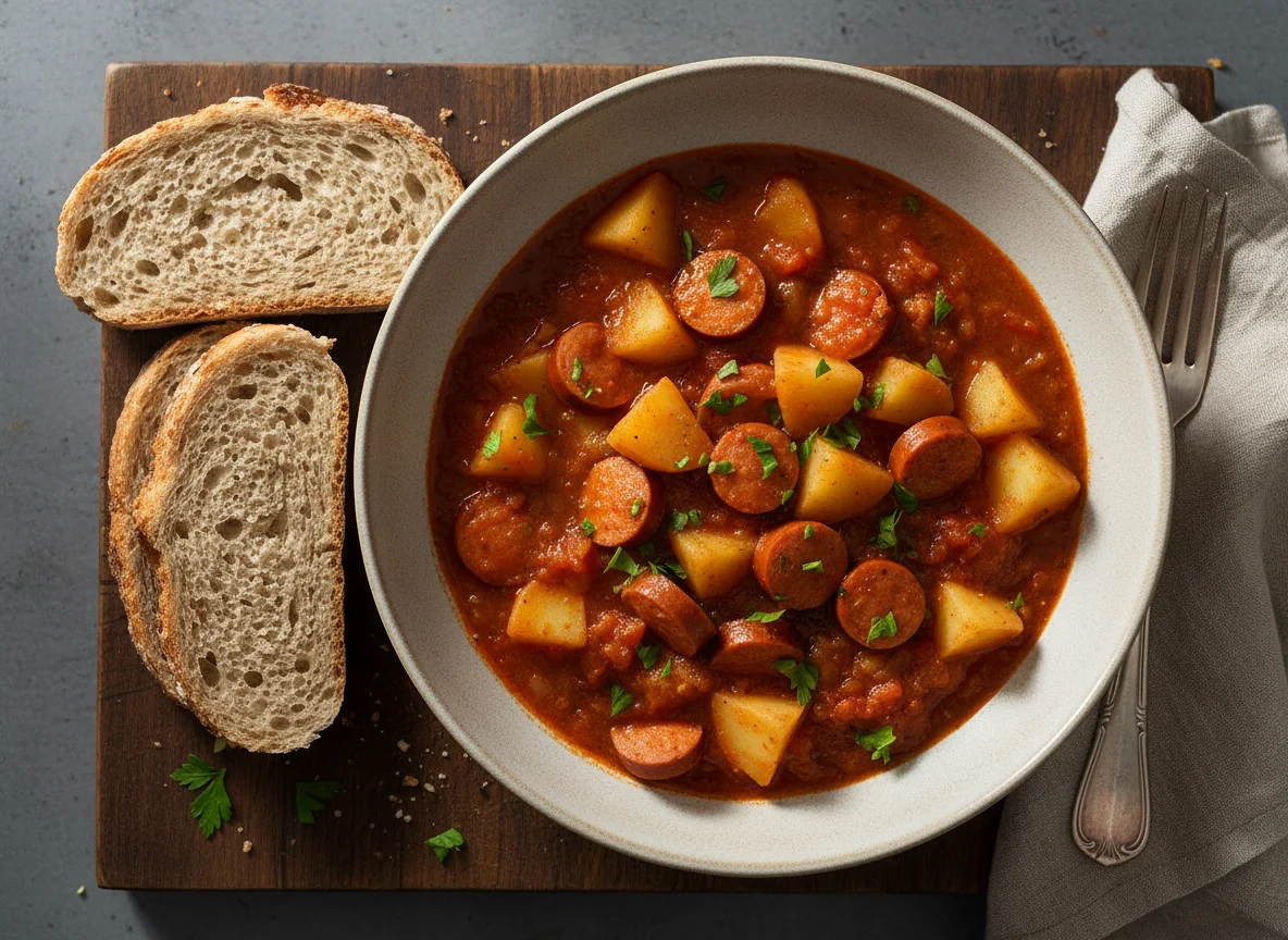 Kartoffel-Wurst-Eintopf mit Brot photo