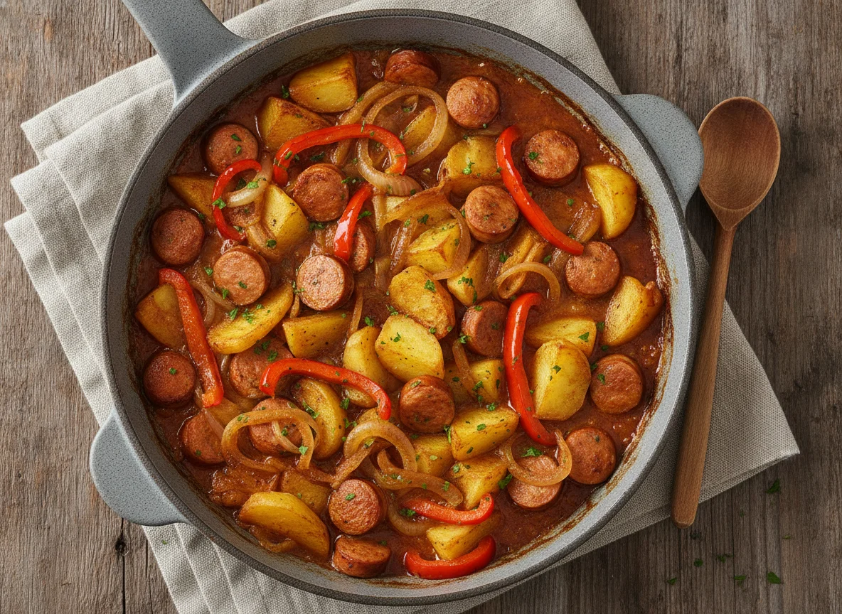 Kartoffel-Wurst-Pfanne mit Paprika photo