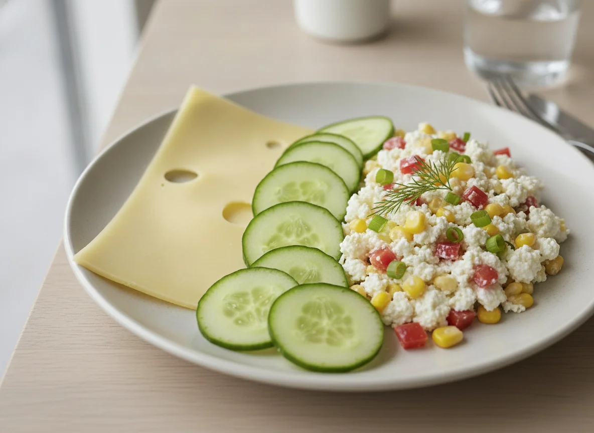 Käse mit Gurke und Hüttenkäse-Salat photo