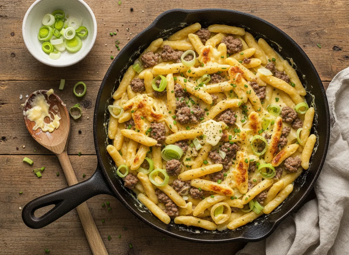 Käse Spätzle Pfanne mit Lauch und Hackfleisch photo