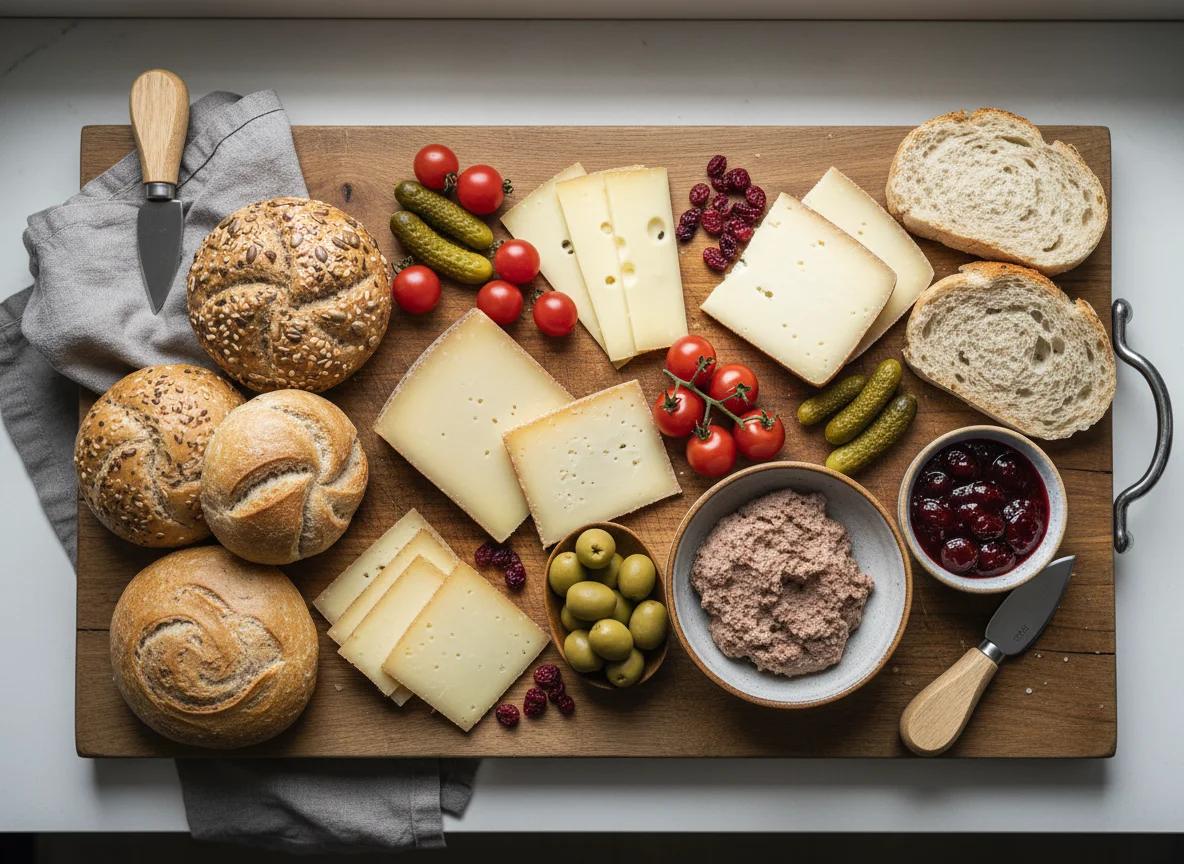 Käse- und Brotplatte mit Beilagen photo