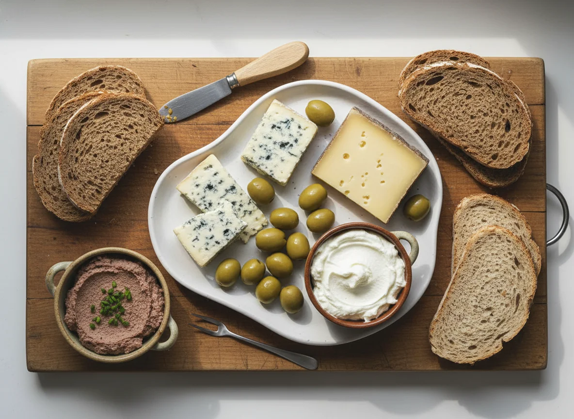 Käse- und Brotplatte mit Oliven und Aufstrich photo