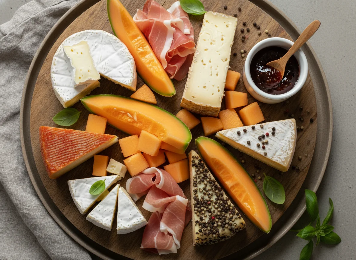 Käse- und Melonenauswahl mit Schinken photo