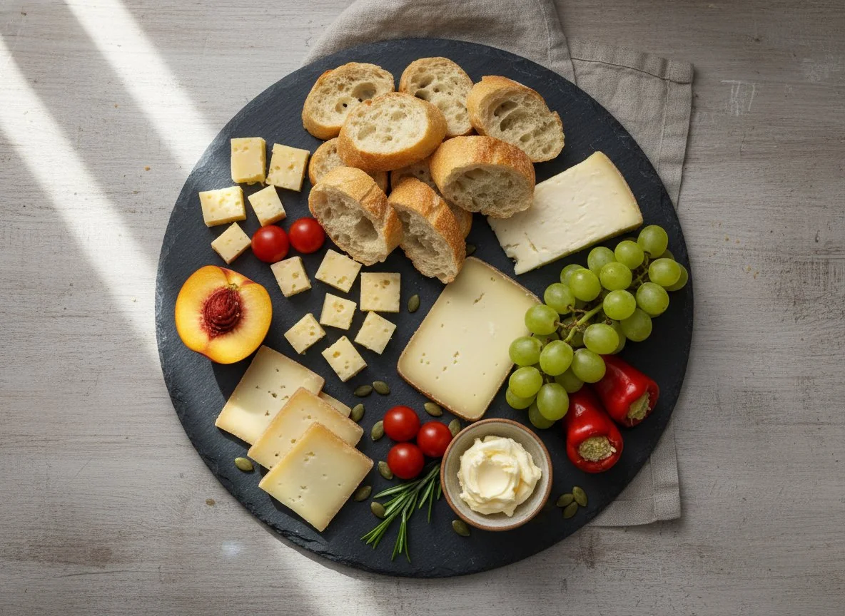 Käse- und Obstplatte mit Brot photo