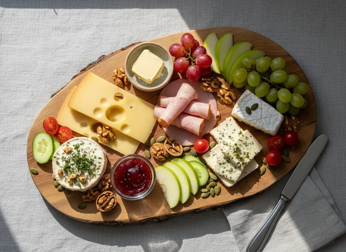 Käse- und Wurstplatte mit Beilagen photo