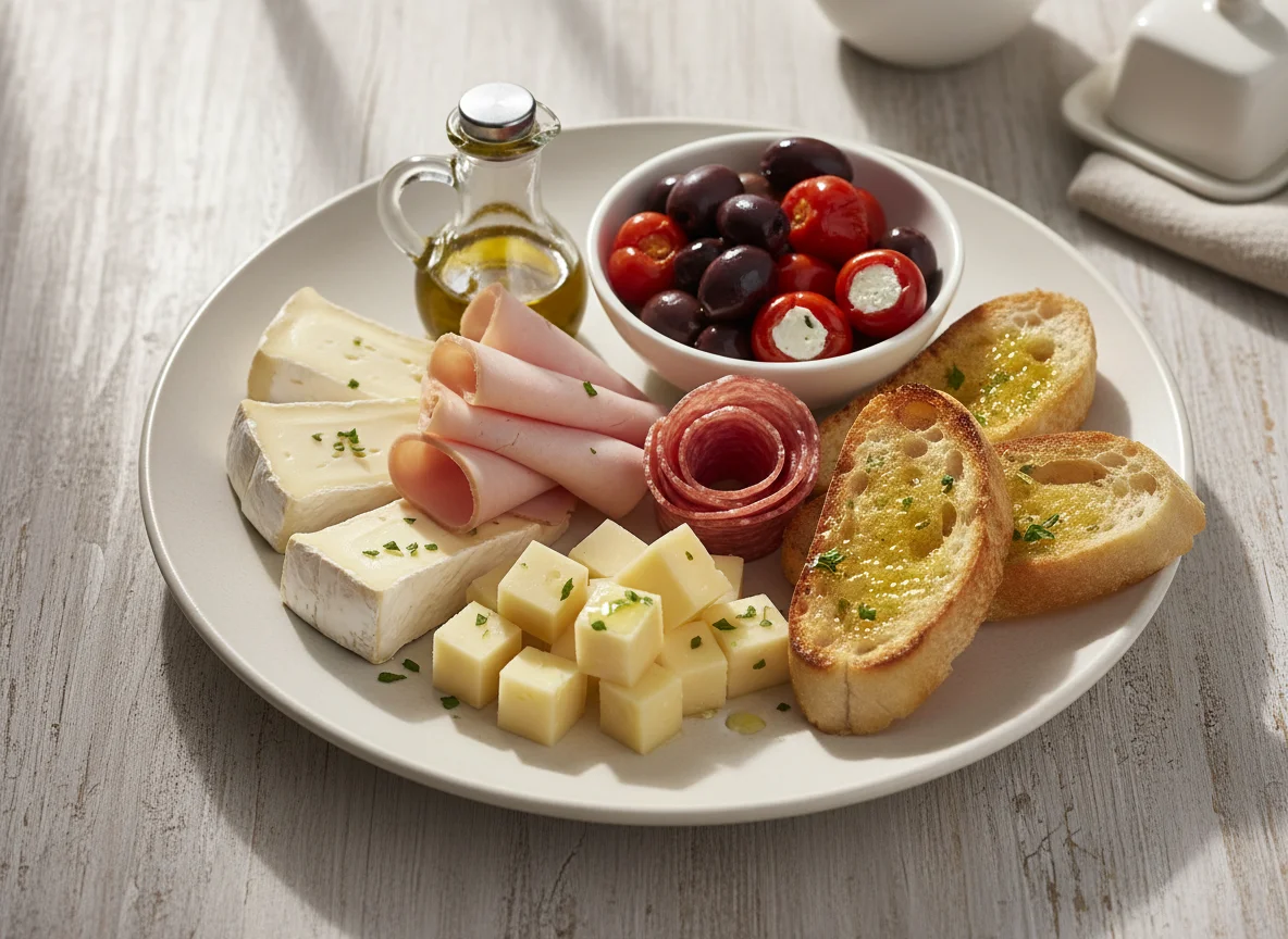 Käse- und Wurstplatte mit Brot photo
