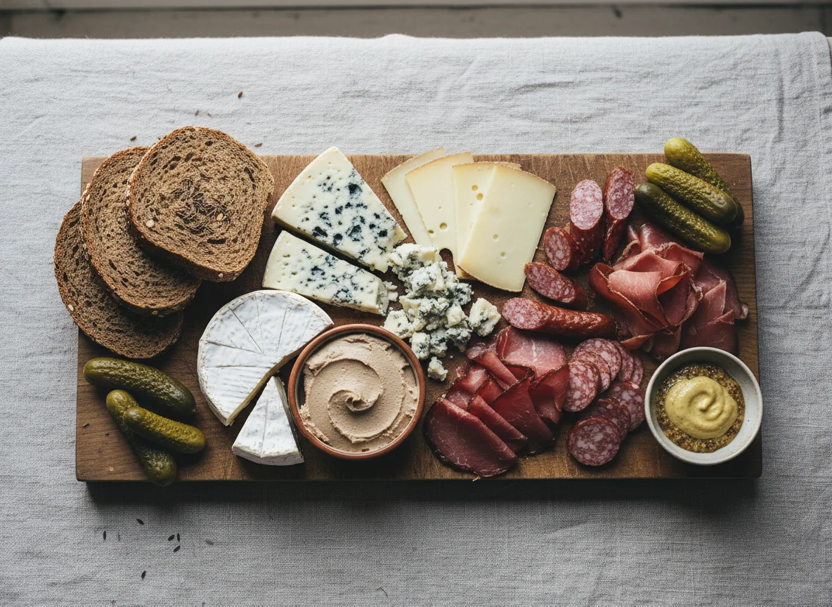 Käse- und Wurstplatte mit Brot und Essiggurken photo