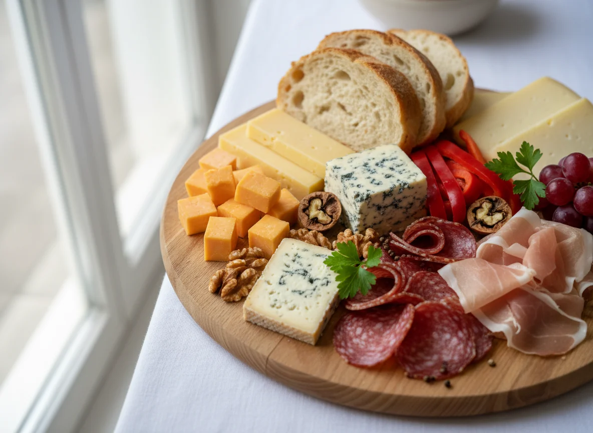 Käse- und Wurstplatte mit Brot und Paprika photo