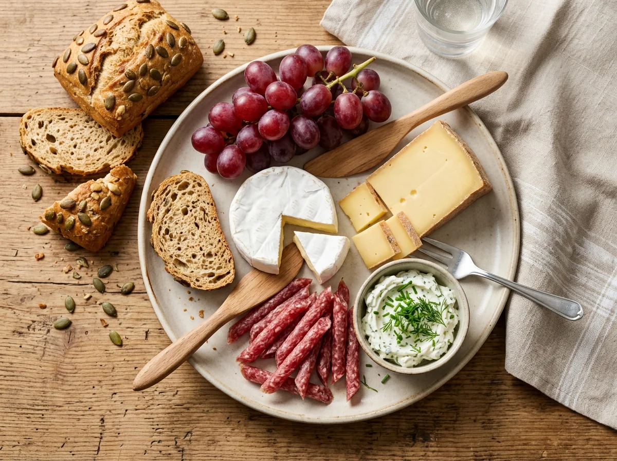 Käse- und Wurstplatte mit Brot und Trauben photo