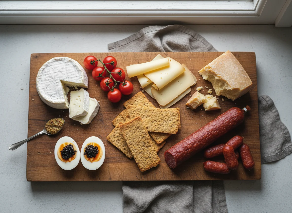 Käse- und Wurstplatte mit Eiern und Crackern photo