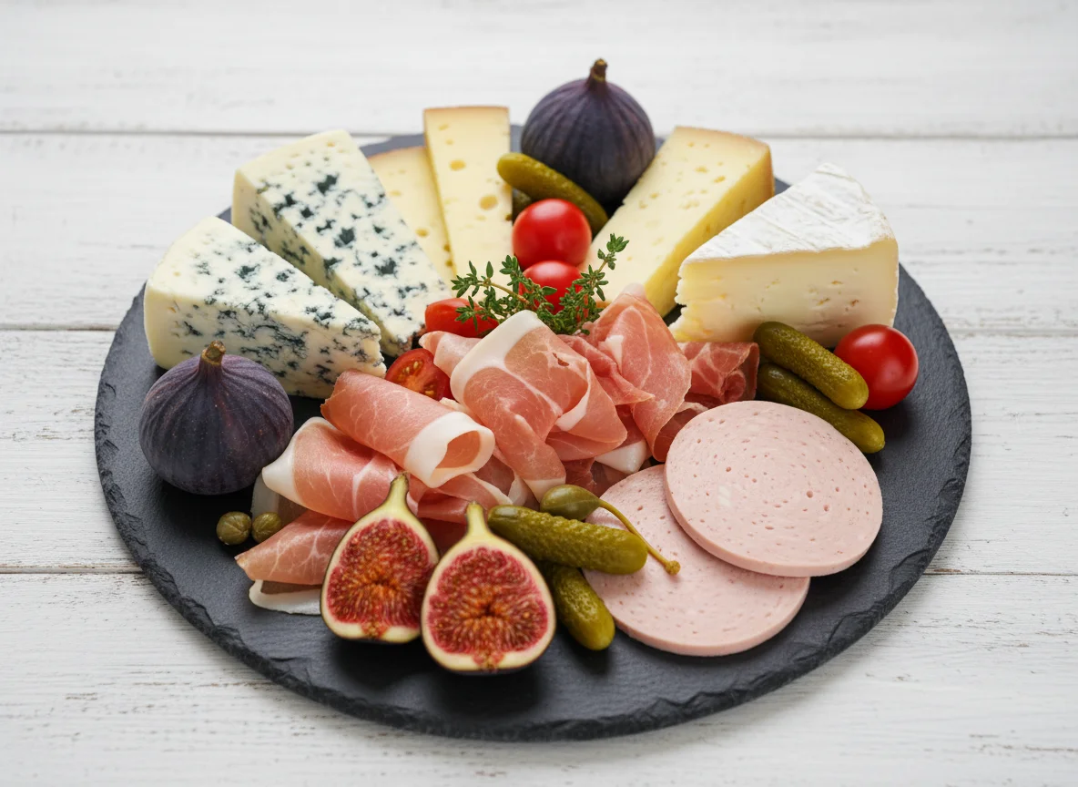 Käse- und Wurstplatte mit Feigen und Essiggurken photo