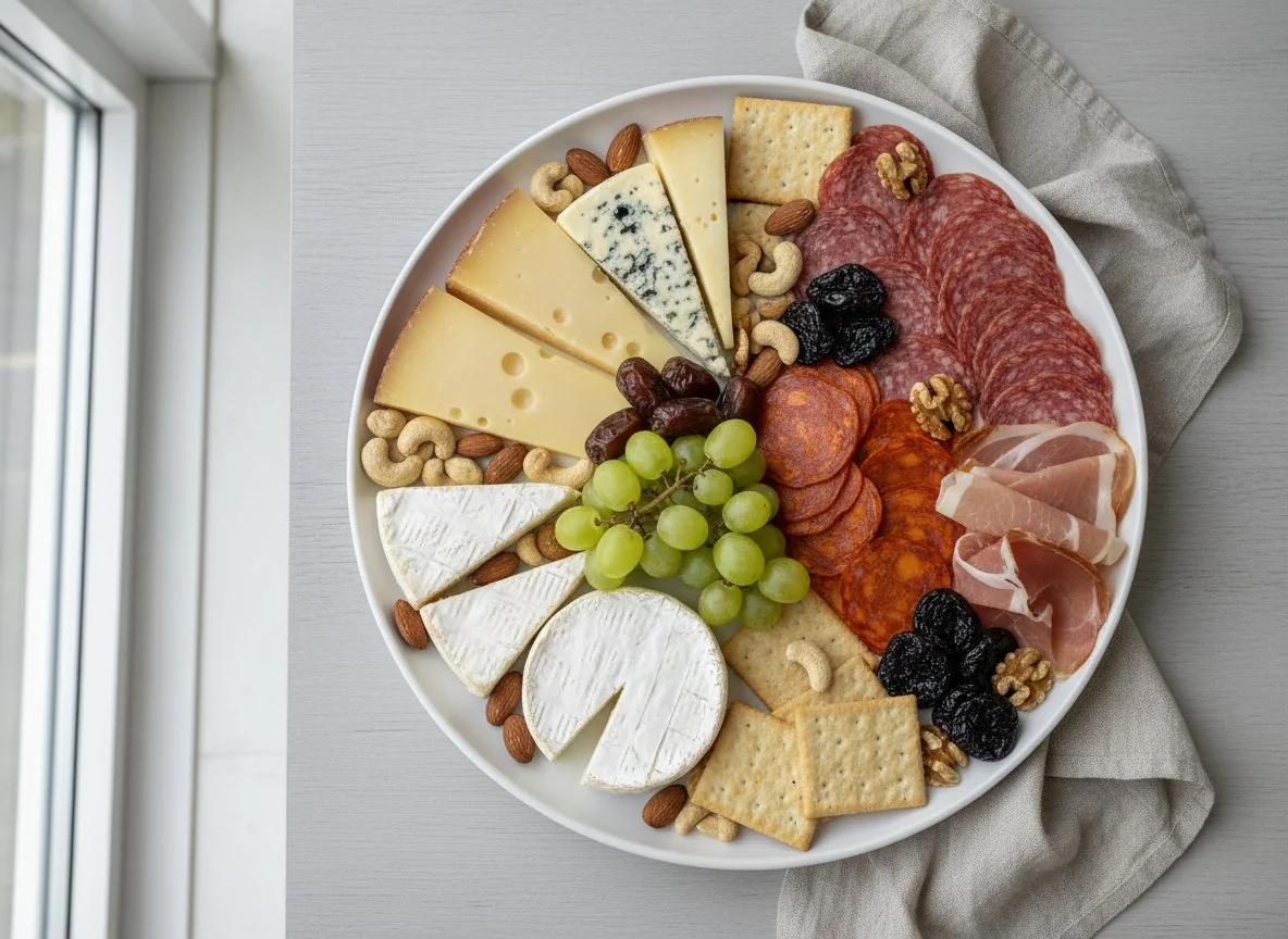 Käse- und Wurstplatte mit Obst und Crackern photo