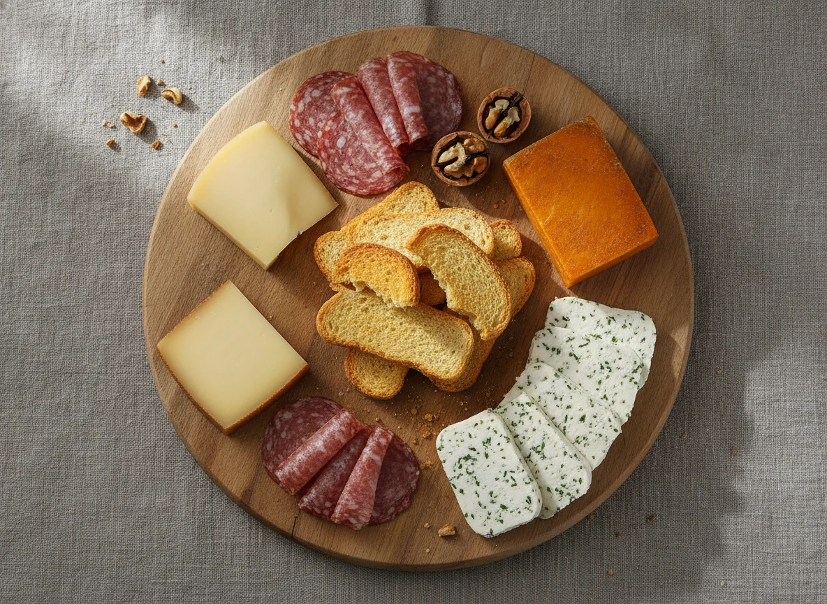 Käse- und Wurstplatte mit Zwieback photo