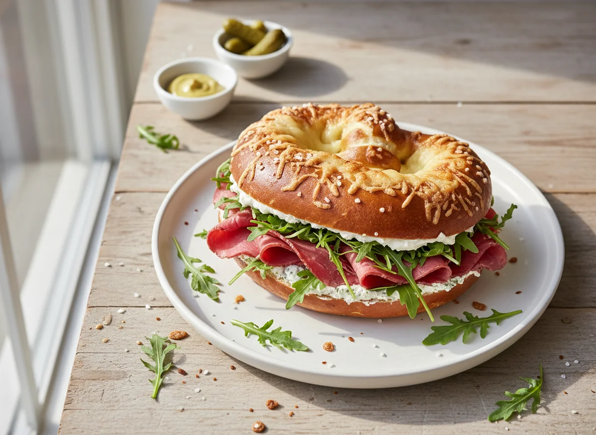 Käsebrezel-Sandwich mit Rinderschinken und Rucola photo