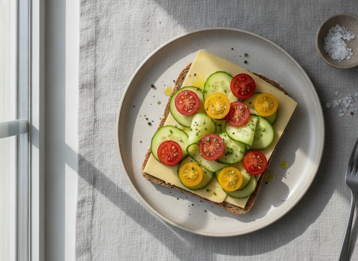 Käsebrot mit Gurke und Tomate photo