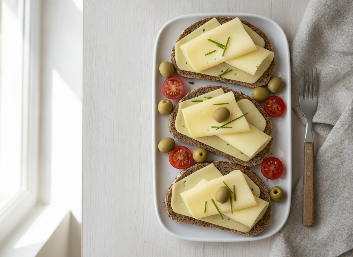 Käsebrot mit Oliven und Tomaten photo