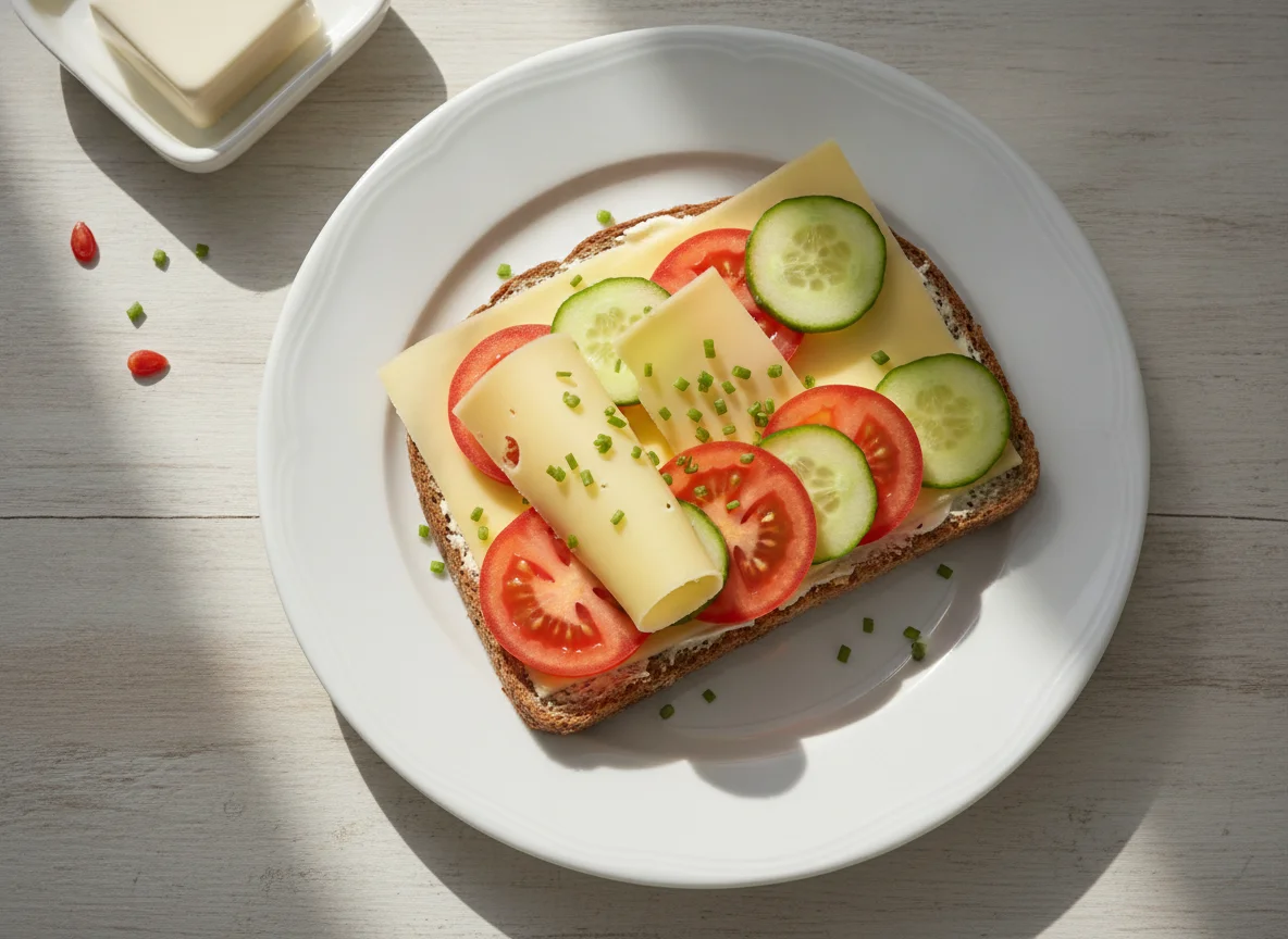 Käsebrot mit Tomaten und Gurken photo