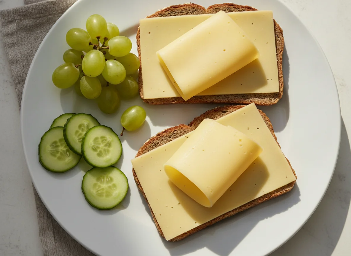 Käsebrot mit Weintrauben und Gurke photo