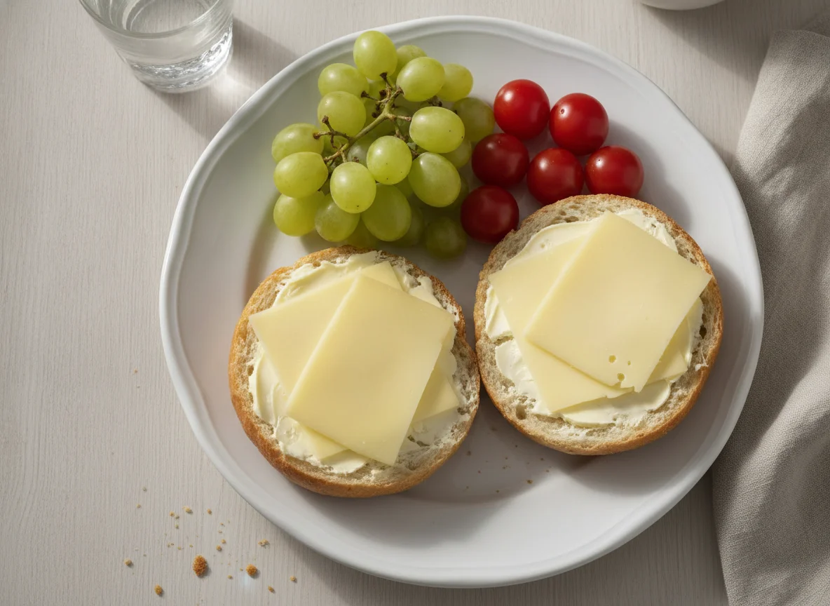 Käsebrot mit Weintrauben und Tomaten photo