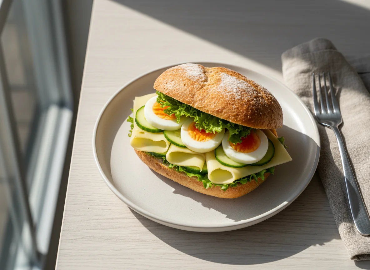 Käsebrötchen mit Ei und Gurke photo