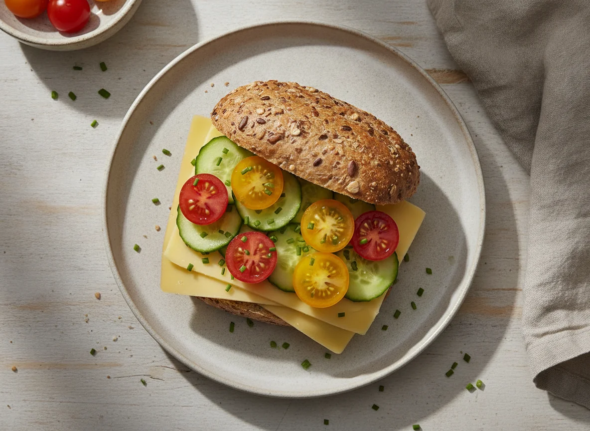 Käsebrötchen mit Gurke und Tomate photo