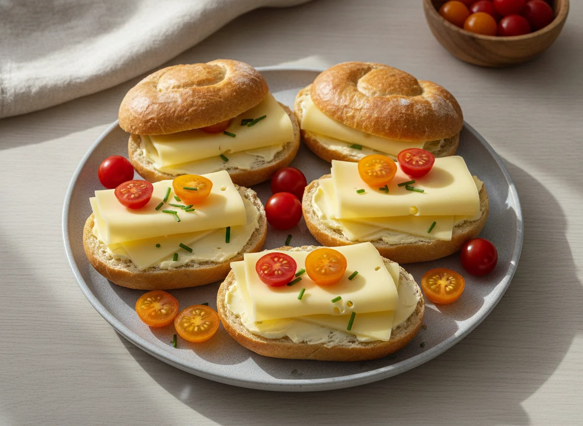 Käsebrötchen mit Kirschtomaten photo