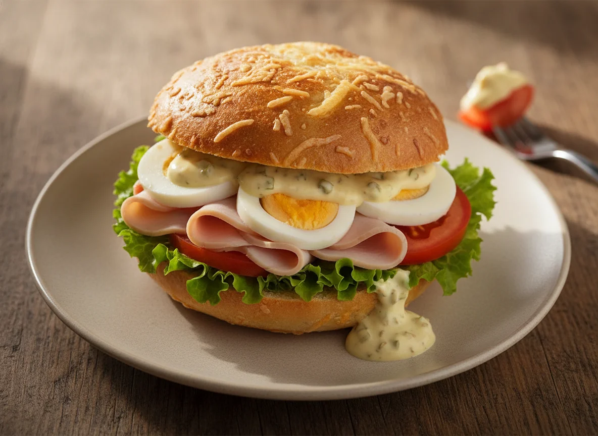 Käsebrötchen mit Putenbrust und Ei photo