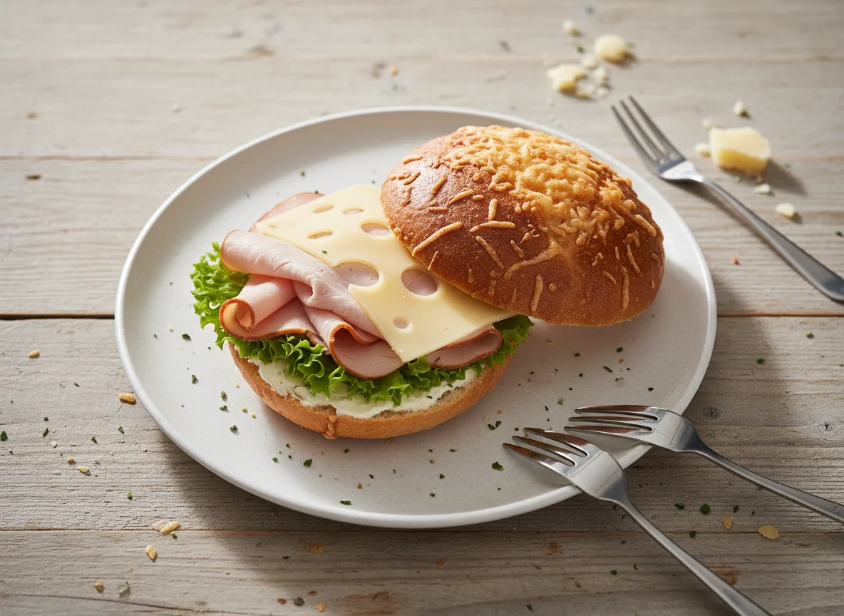 Käsebrötchen mit Putenbrust und Käse photo