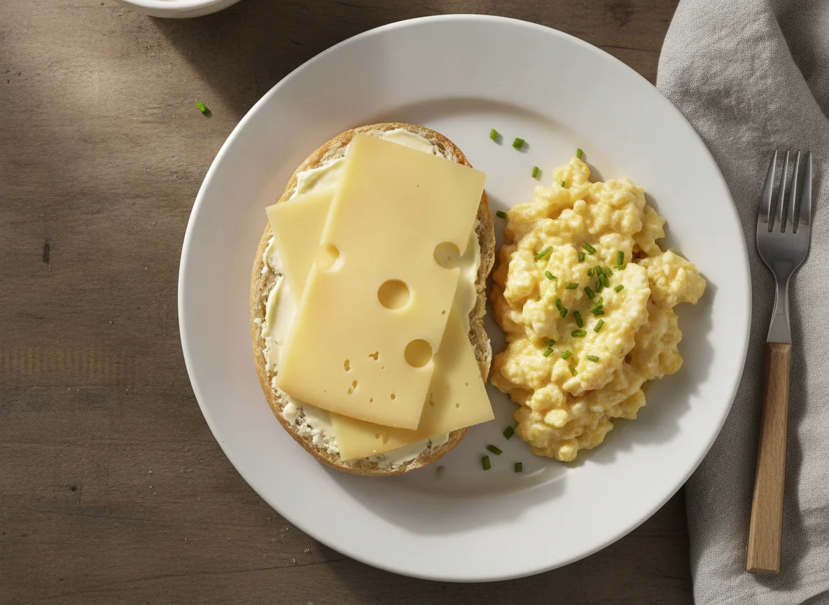 Käsebrötchen mit Rührei photo