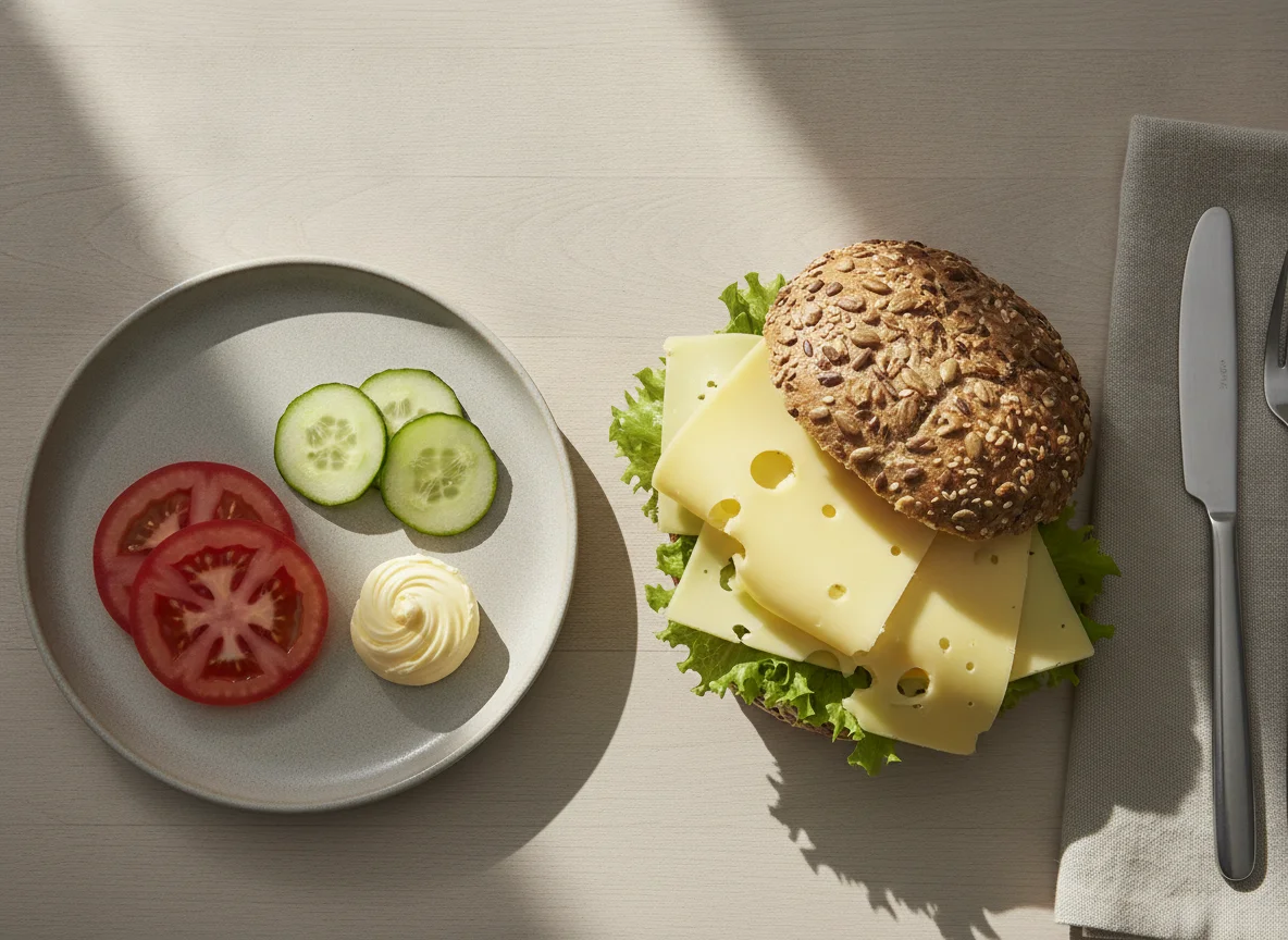 Käsebrötchen mit Salat, Butter, Tomate und Gurke photo