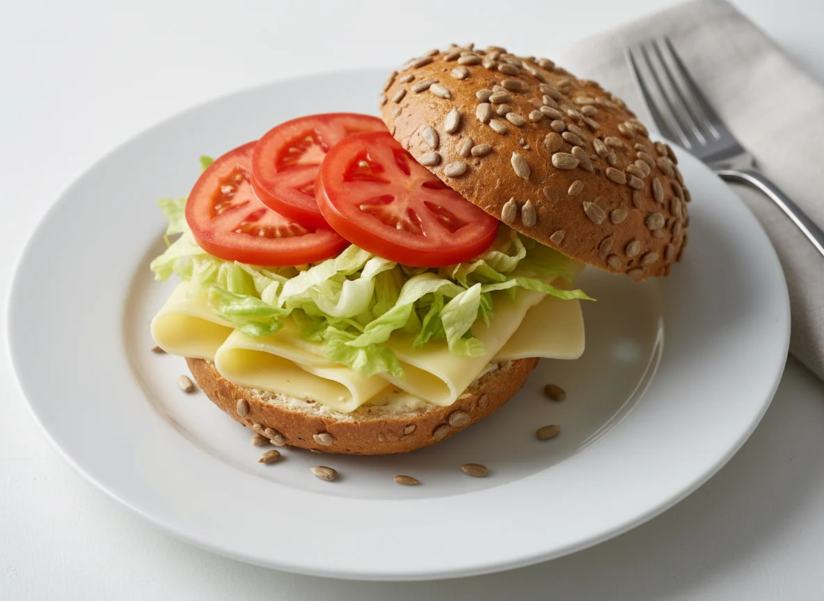 Käsebrötchen mit Salat und Tomate photo