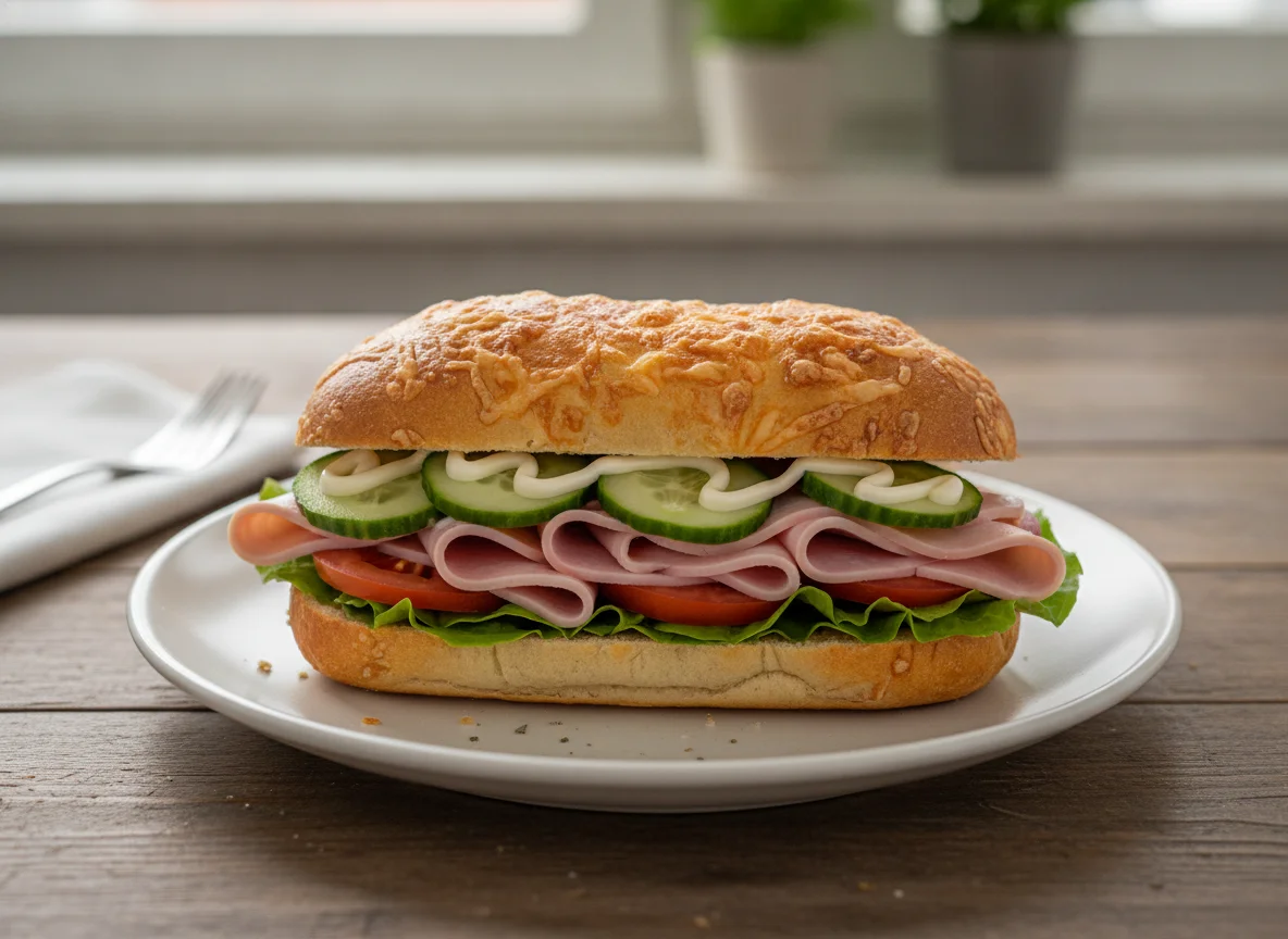 Käsebrötchen mit Schinken und Gemüse photo