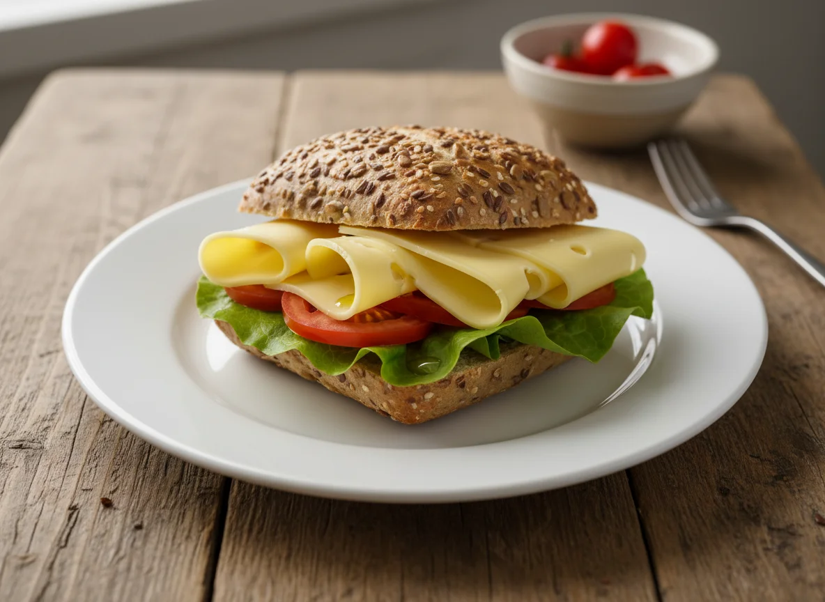 Käsebrötchen mit Tomate und Salat photo