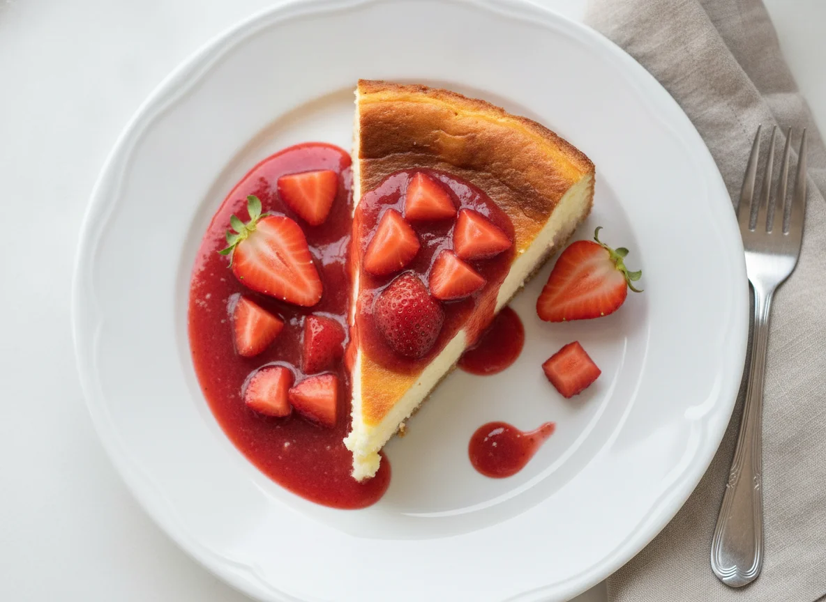 Käsekuchen mit Erdbeersauce photo