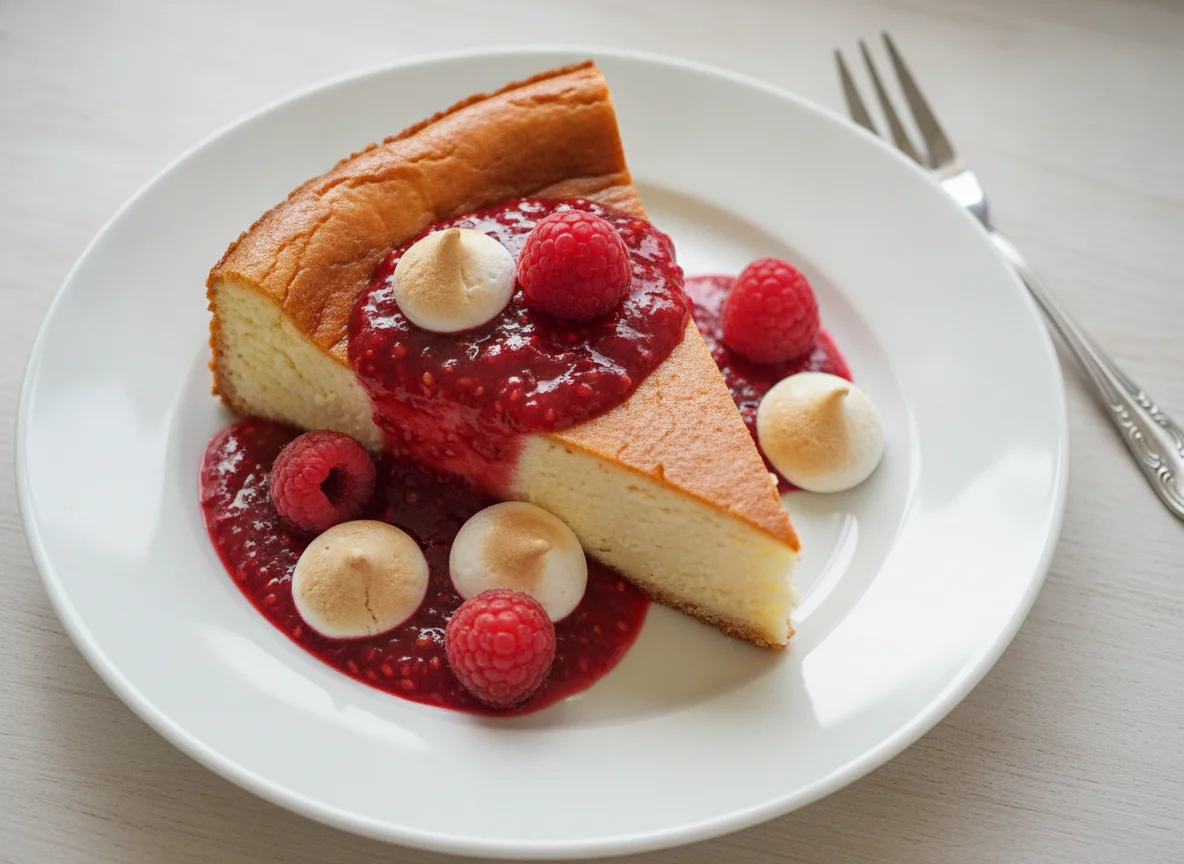 Käsekuchen mit Himbeersauce photo