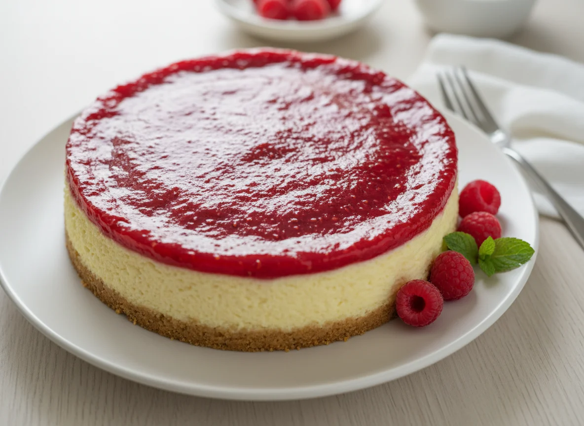 Käsekuchen mit Himbeerspiegel photo