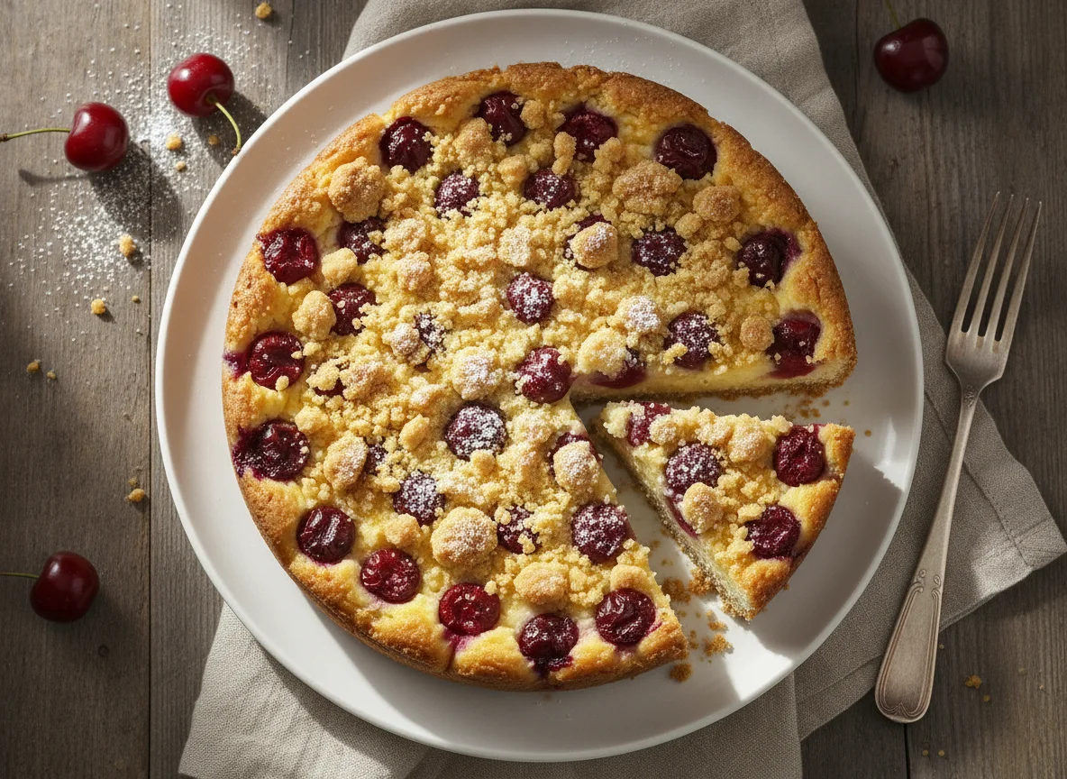 Käsekuchen mit Kirschen und Streuseln photo