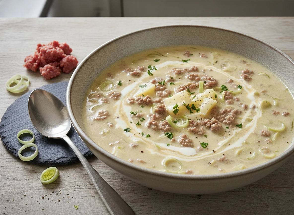 Käse-Lauch-Suppe mit Hackfleisch photo