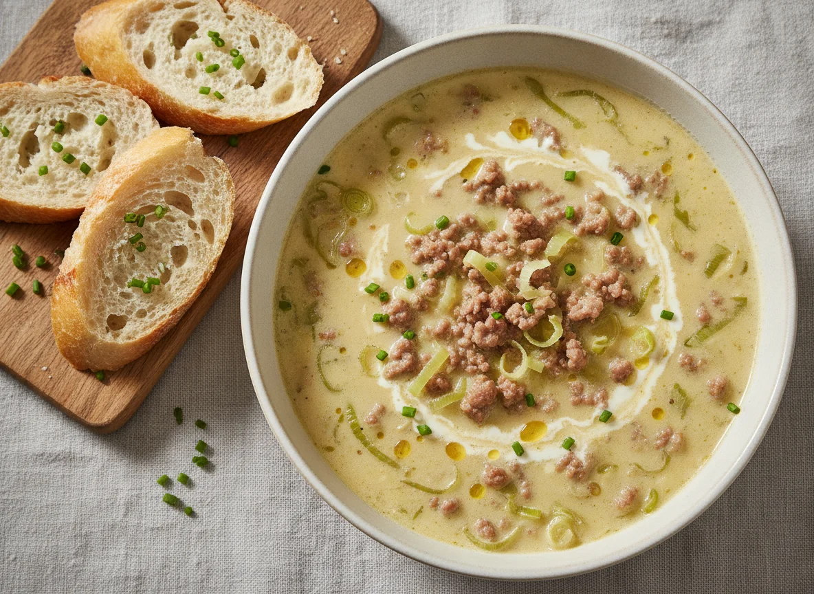 Käse-Lauch-Suppe mit Hackfleisch und Baguette photo