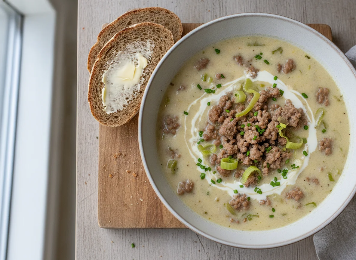 Käse-Lauch-Suppe mit Hackfleisch und Brot photo