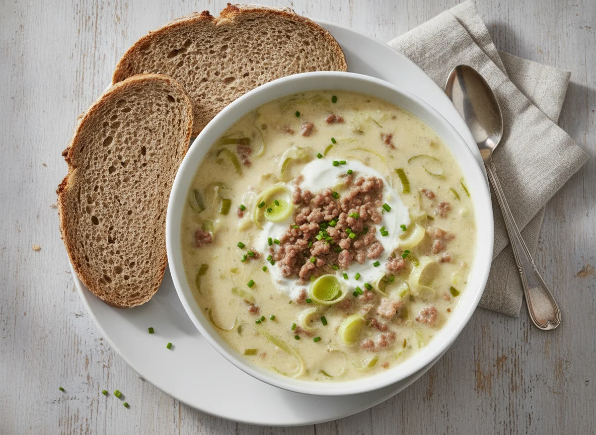 Käse-Lauch-Suppe mit Hackfleisch und Graubrot photo