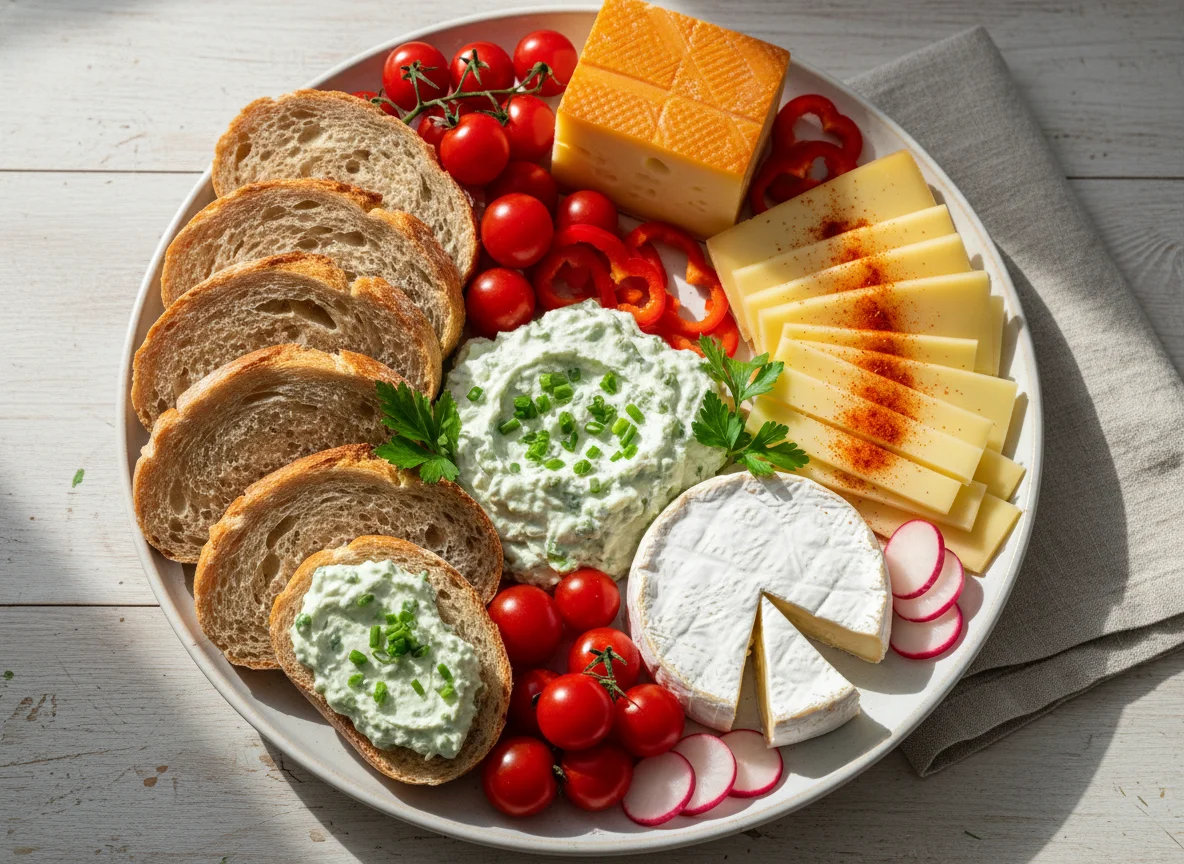 Käseplatte mit Brot und Aufstrich photo