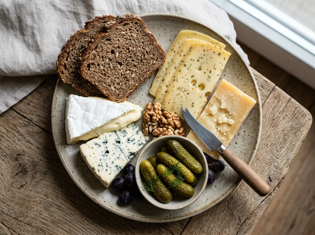 Käseplatte mit Brot und Essiggurken photo