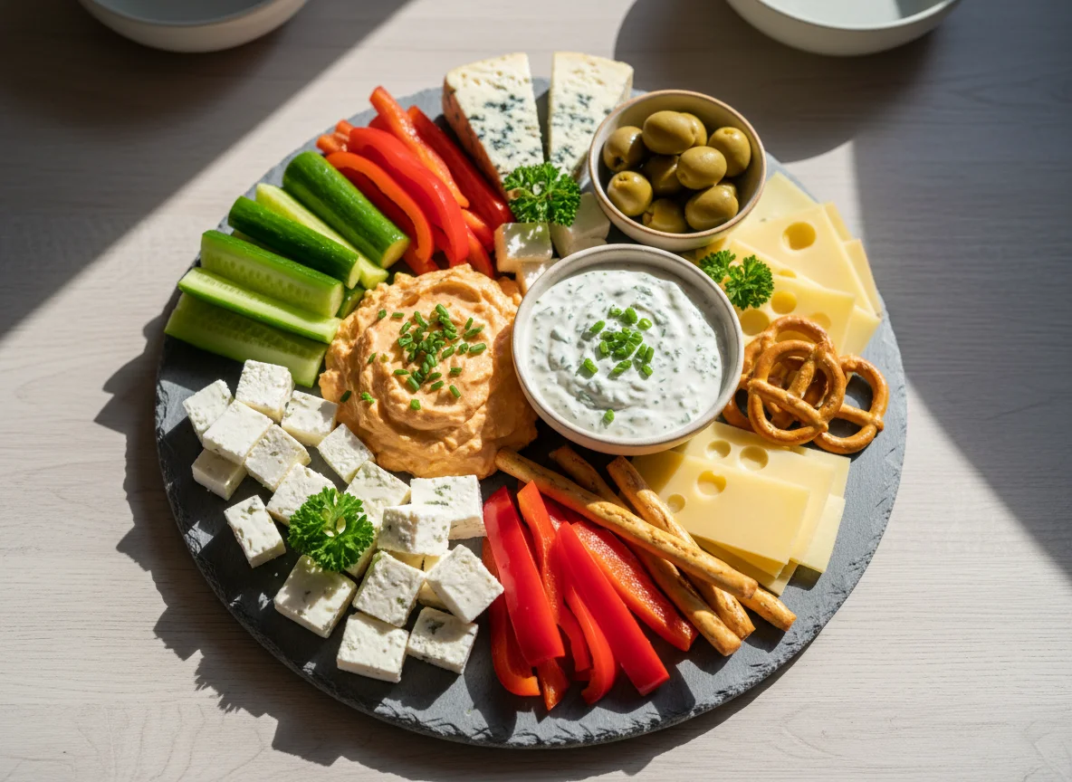 Käseplatte mit Dips und Gemüse photo