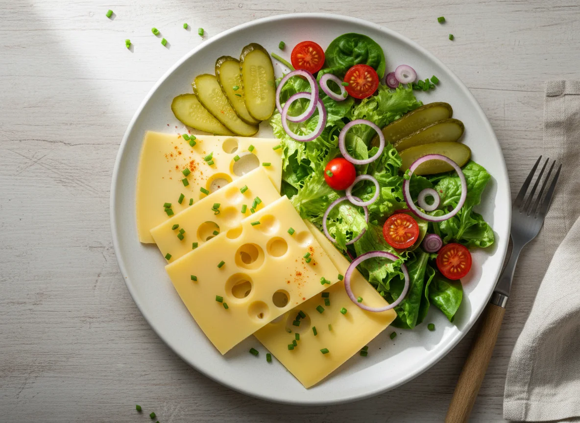 Käseplatte mit Essiggurken und Salat photo